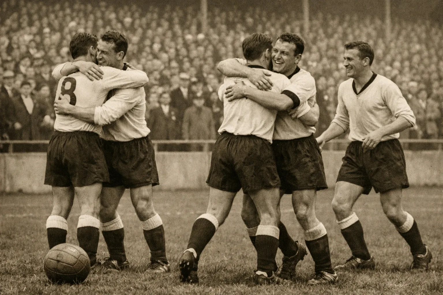 Vintage photograph of German football players from the 1960s celebrating on the pitch