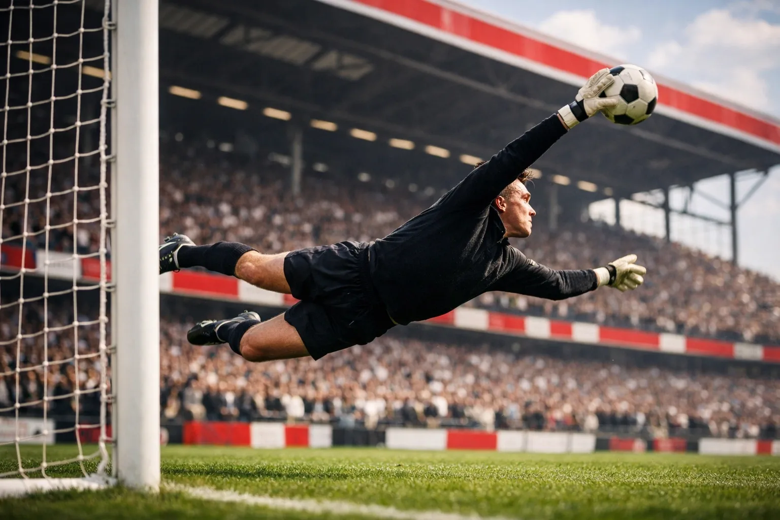 Dynamic action photograph of a goalkeeper making a spectacular diving save in a German stadium
