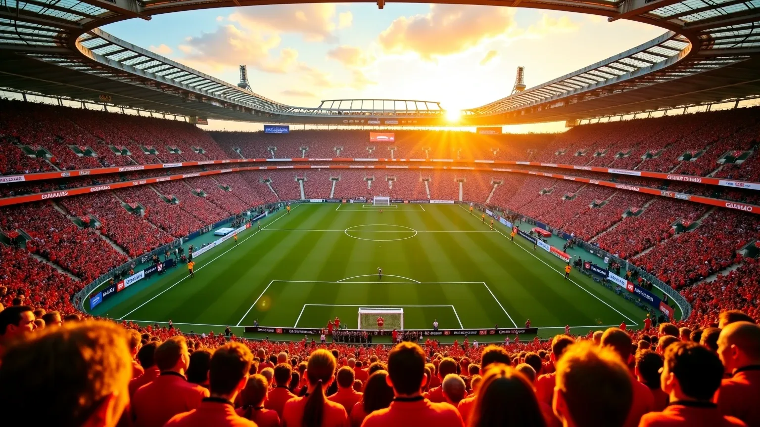 Packed German football stadium at golden hour with passionate fans and dramatic atmosphere