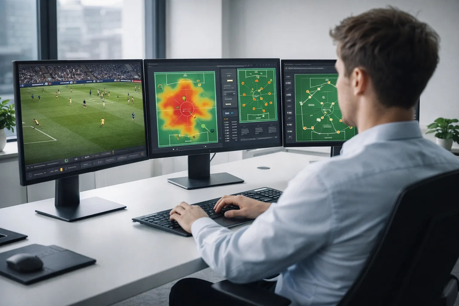 Professional football analyst working with multiple monitors displaying match footage and tactical diagrams