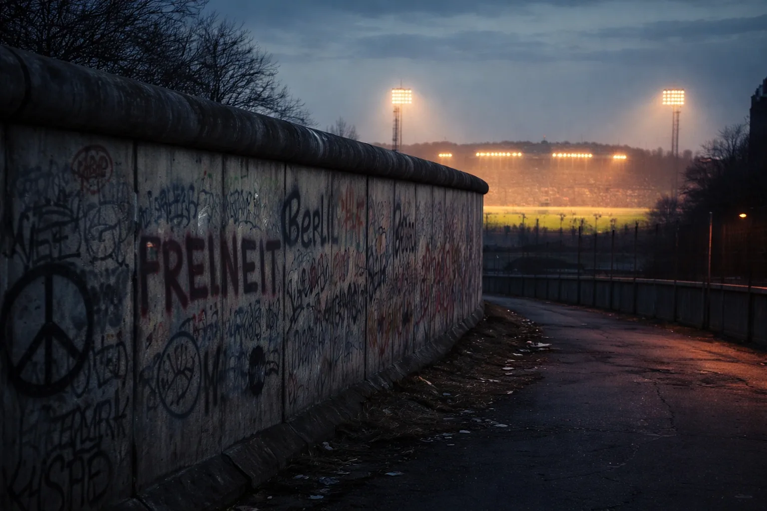 Berlin Wall at twilight with illuminated football stadium in the background symbolizing German reunification