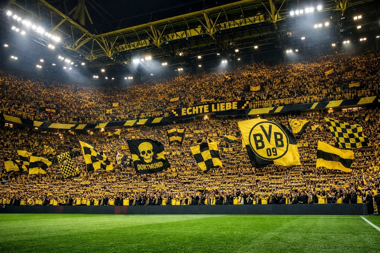 Famous Borussia Dortmund Yellow Wall packed with 25,000 supporters in yellow and black