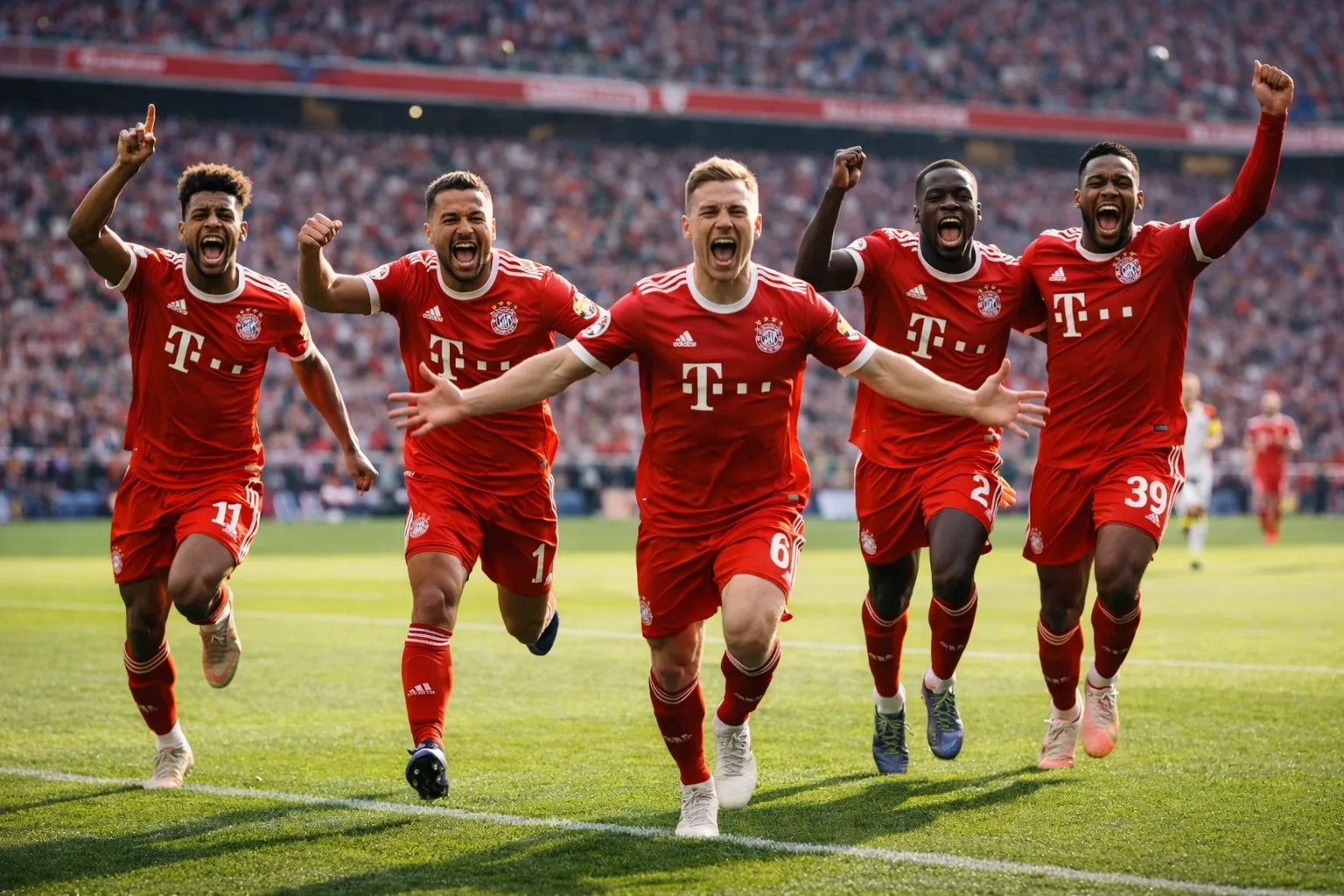 Bayern Munich players in red kit celebrating a goal together at Allianz Arena