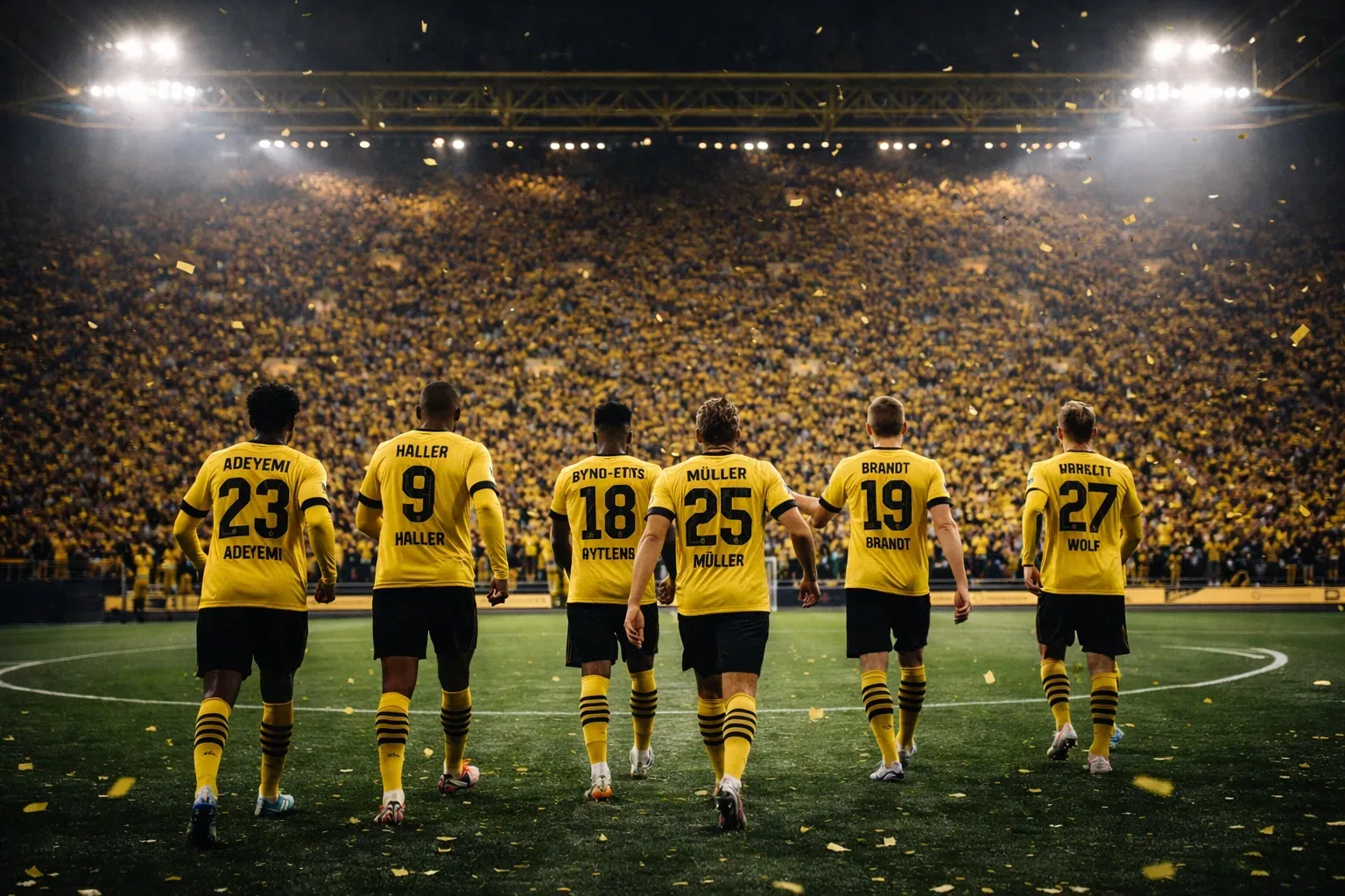 Borussia Dortmund players walking onto pitch with Yellow Wall packed with supporters behind them