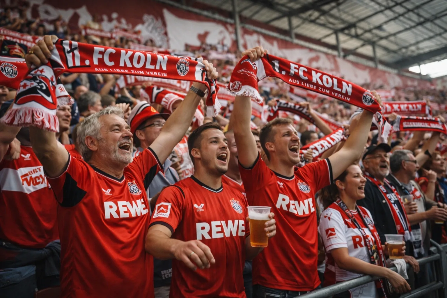 Passionate German football supporters in standing section holding scarves above heads