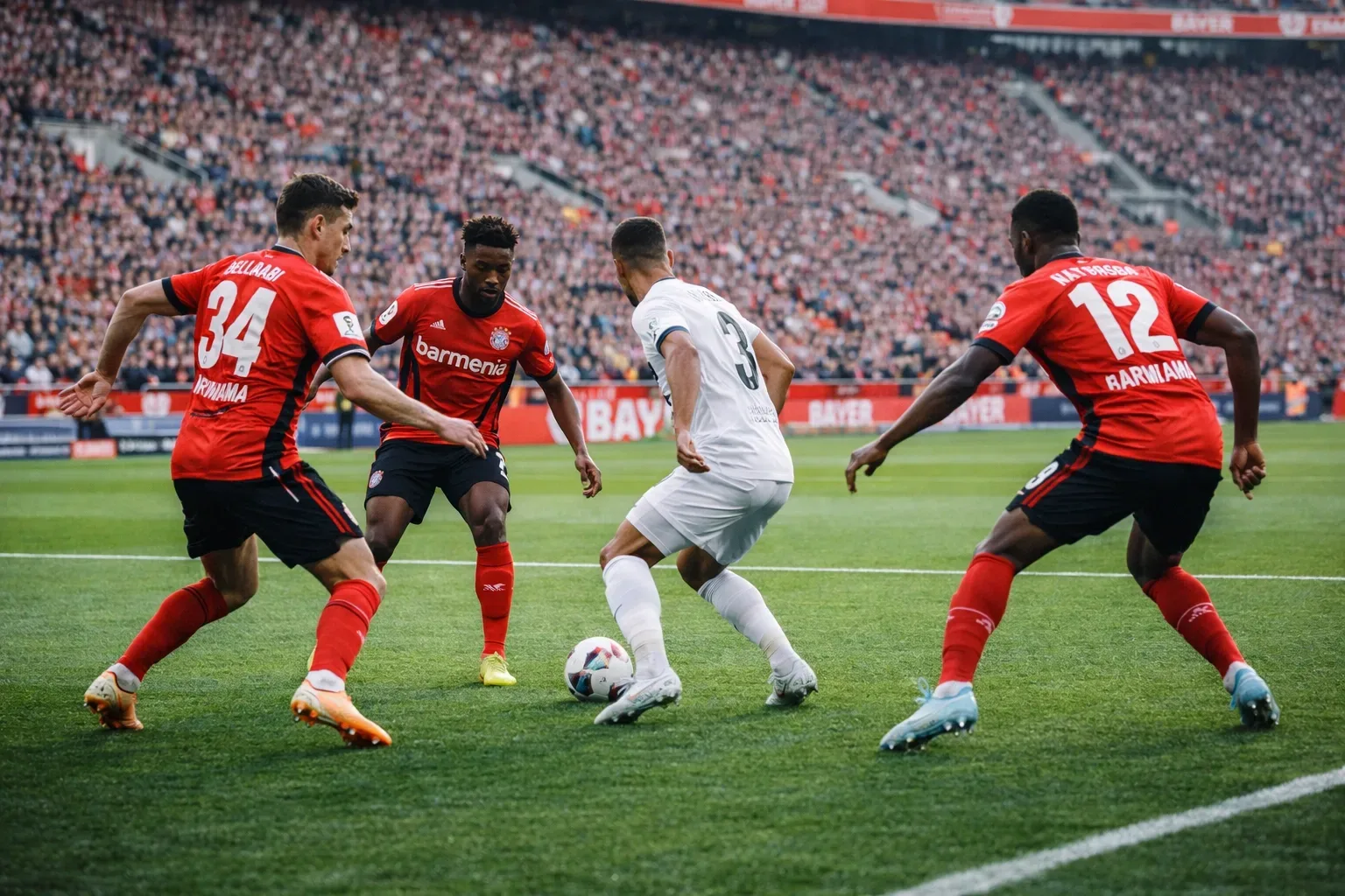 Bayer Leverkusen players executing tactical pressing movement in coordinated formation