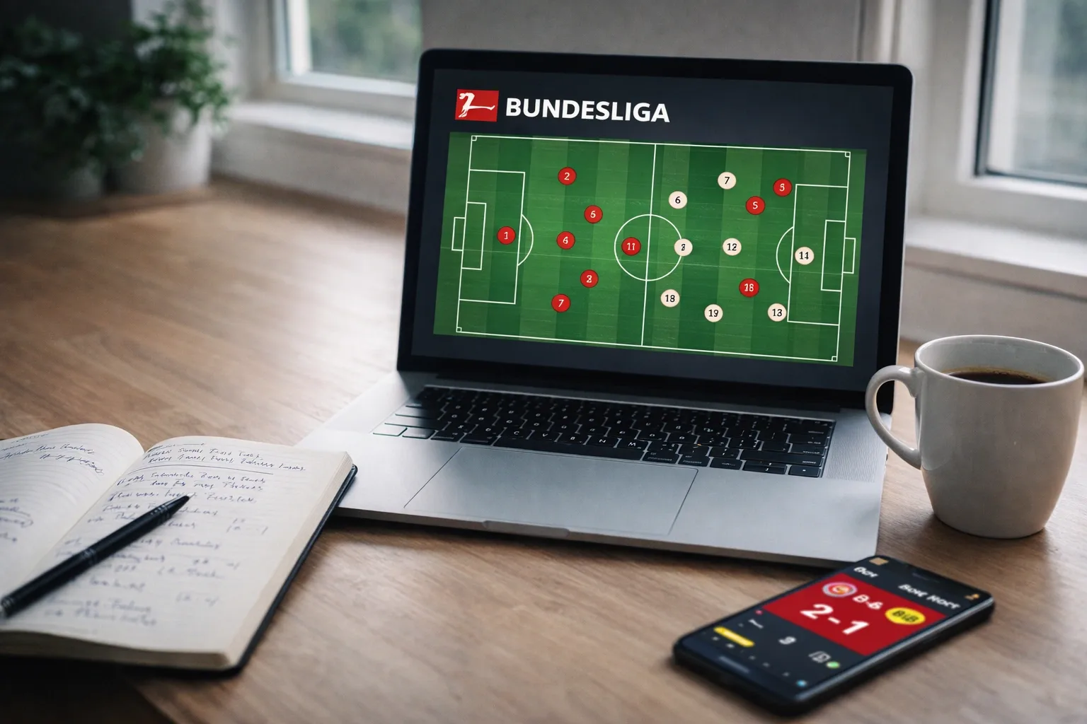 Sports analyst workspace with laptop showing tactical formation diagram and match notes