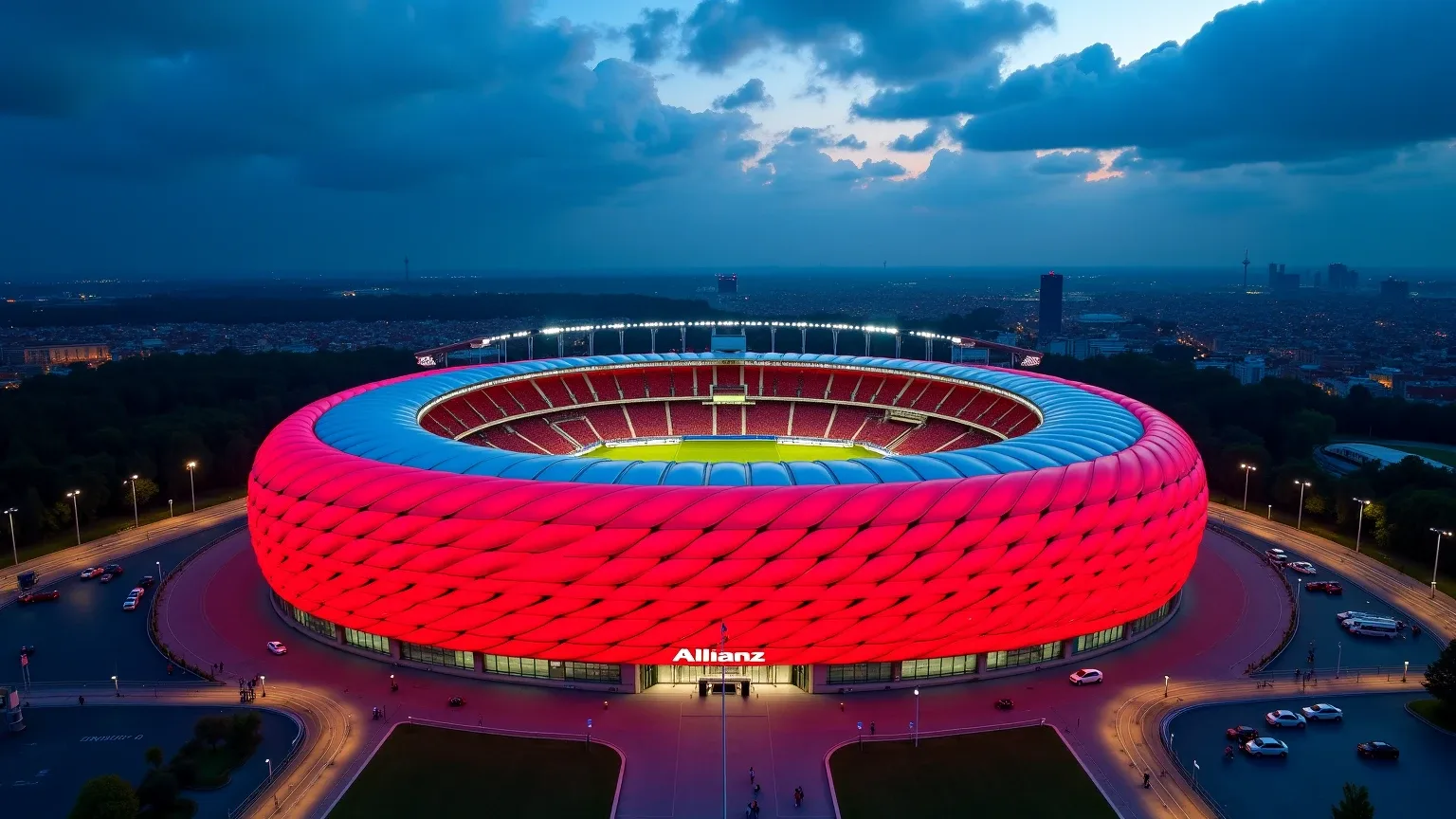 Aerial view of Allianz Arena in Munich glowing red during an evening match