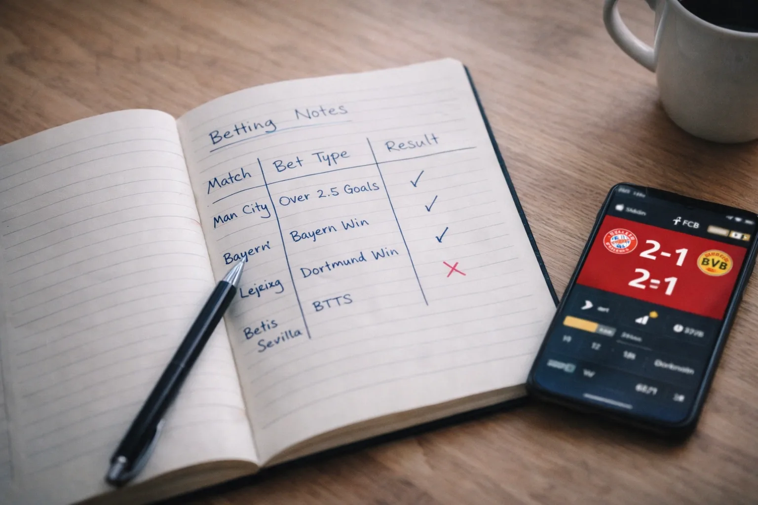 Notebook with handwritten betting notes and tracking beside smartphone showing match scores