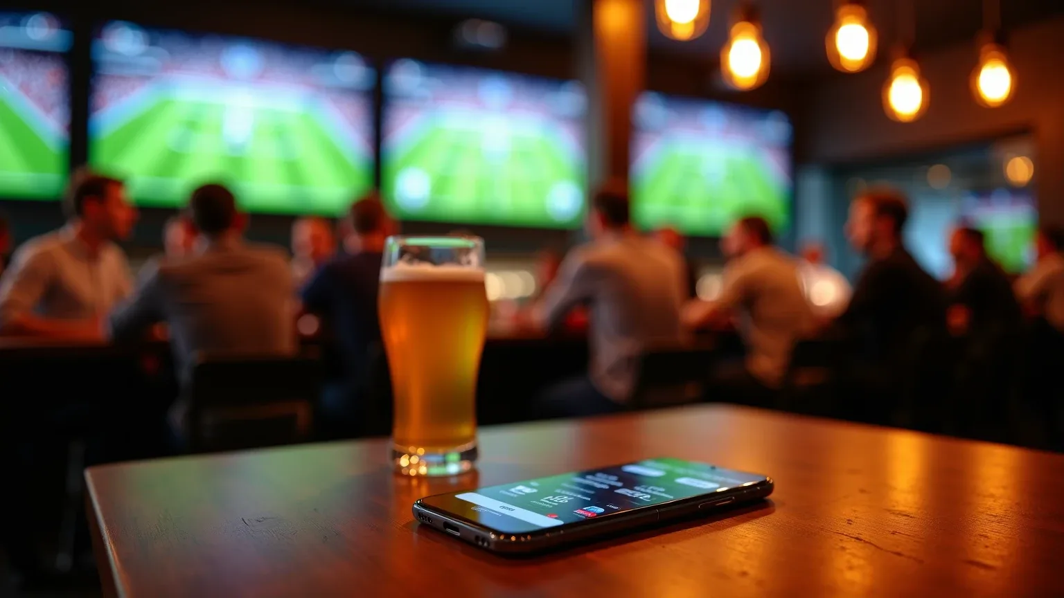 Modern sports bar atmosphere during live Bundesliga match with smartphone showing betting app