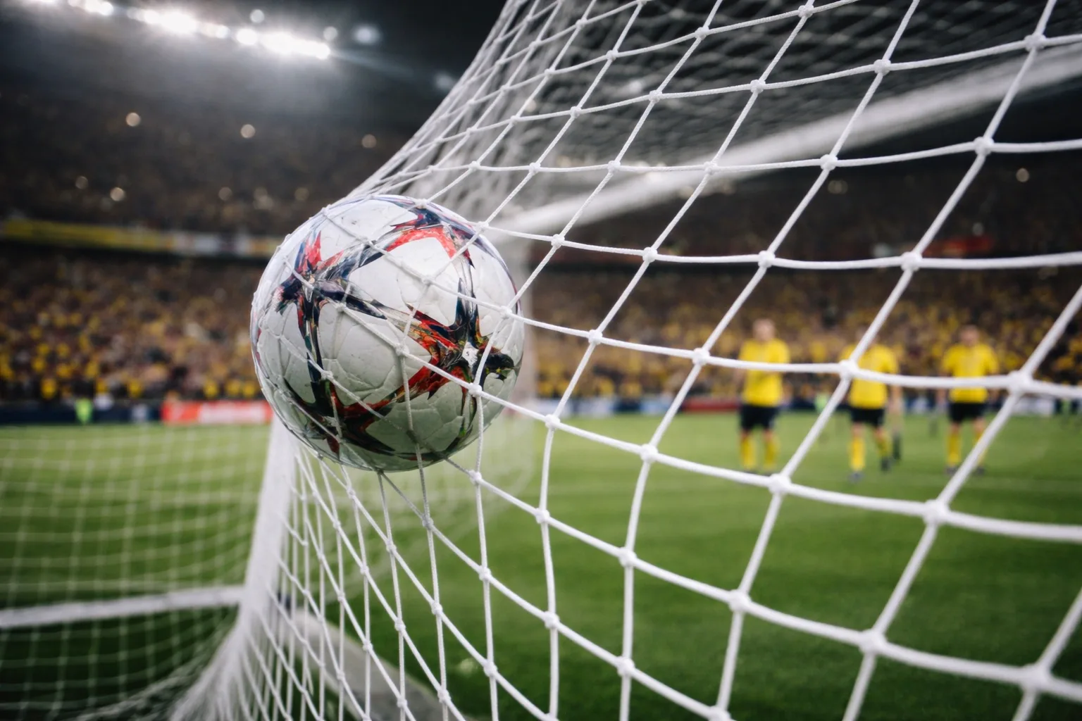 Football striking the back of the goal net capturing the moment of impact