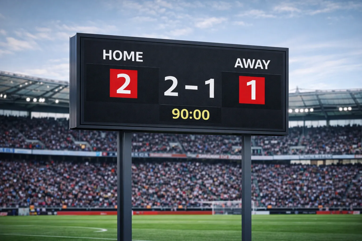 Football stadium scoreboard showing match score of 2-1 against blue sky