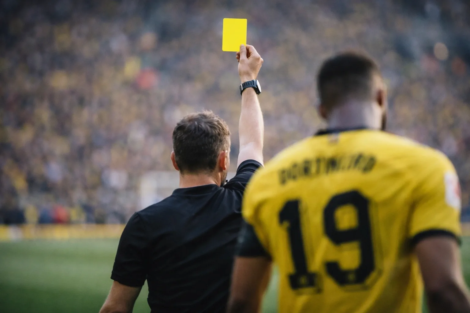 Football referee showing yellow card to player during Bundesliga match