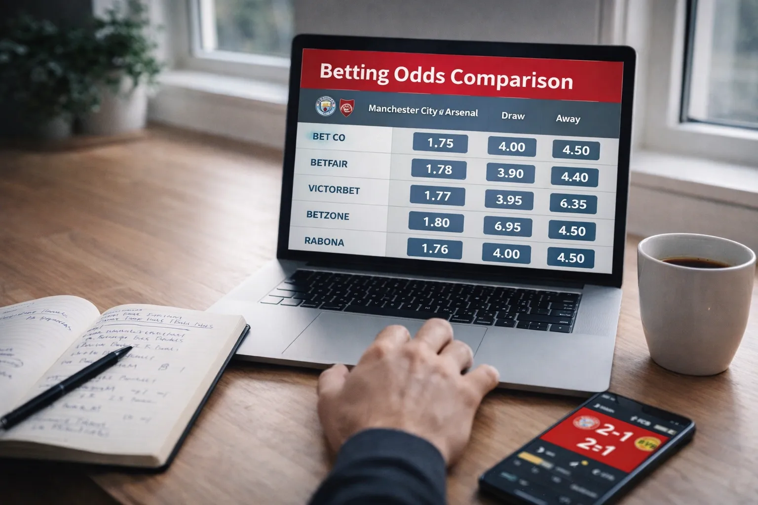 Hands using laptop displaying betting odds comparison with notepad beside