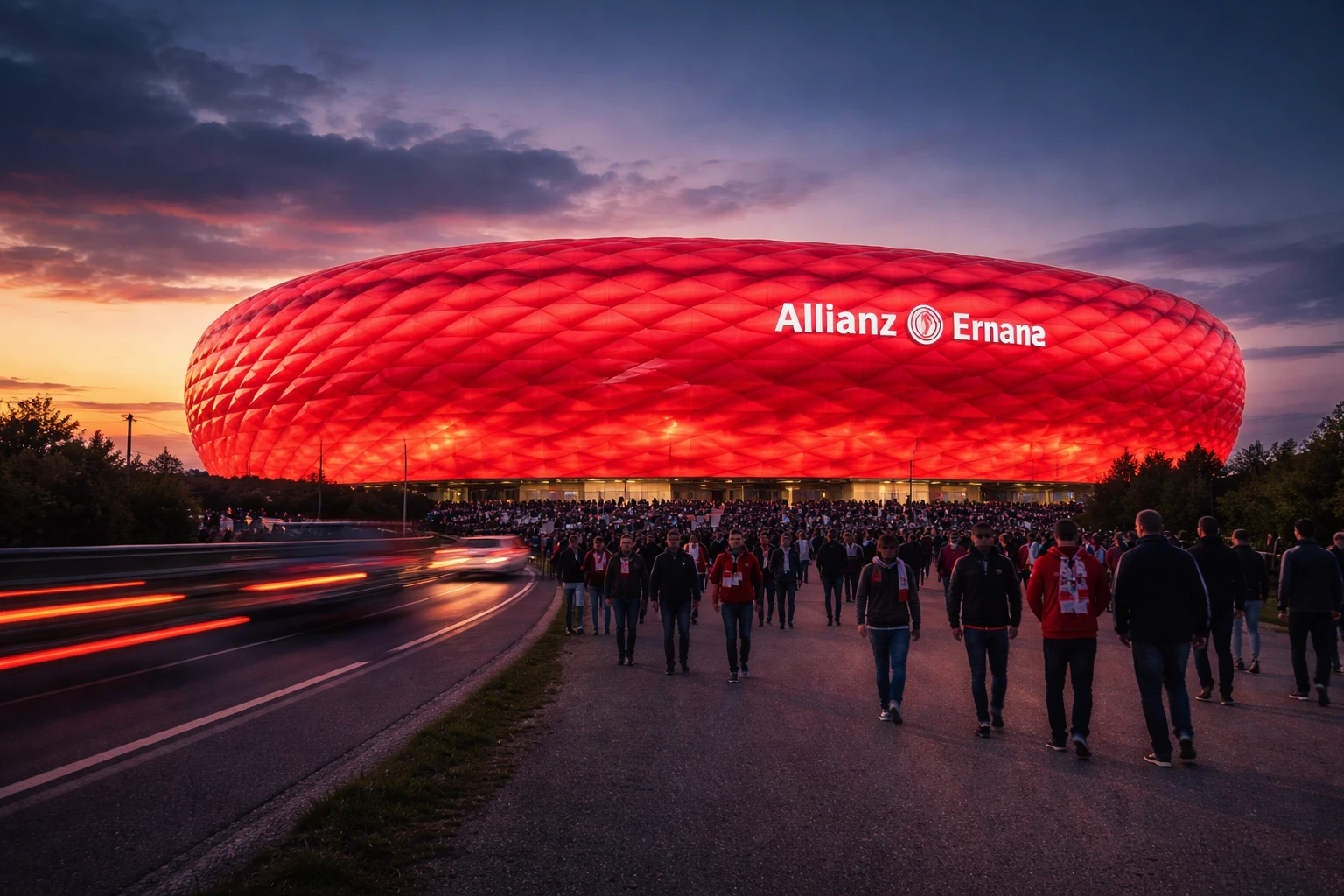 Allianz Arena exterior at dusk with illuminated red facade and fans approaching