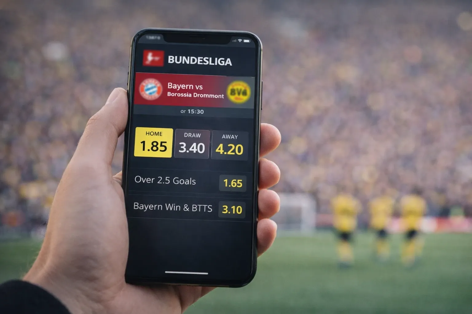 Smartphone screen displaying betting app interface with decimal odds for Bundesliga match
