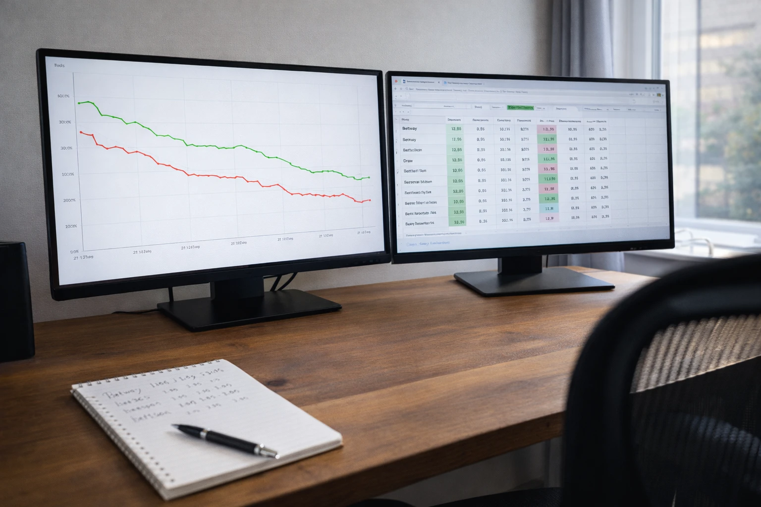 Dual monitor setup displaying odds movement graph and bookmaker comparison spreadsheet