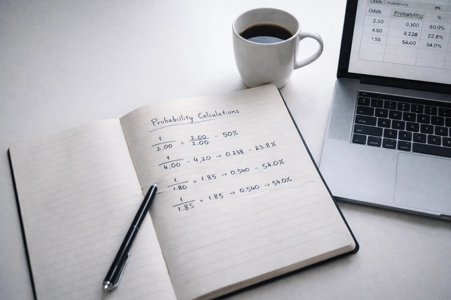 Notebook with handwritten probability calculations and percentage conversions on clean desk