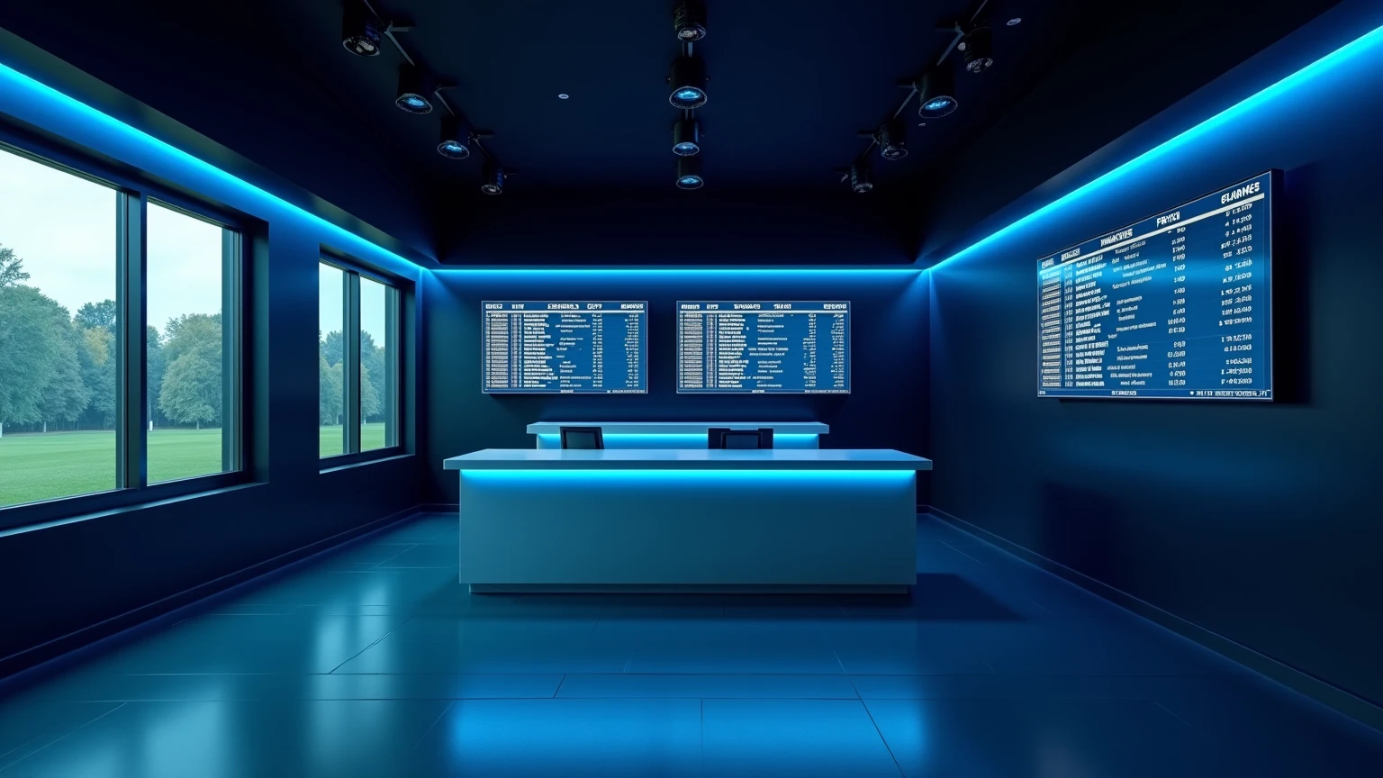 Modern betting shop interior with digital displays showing football odds and live match statistics