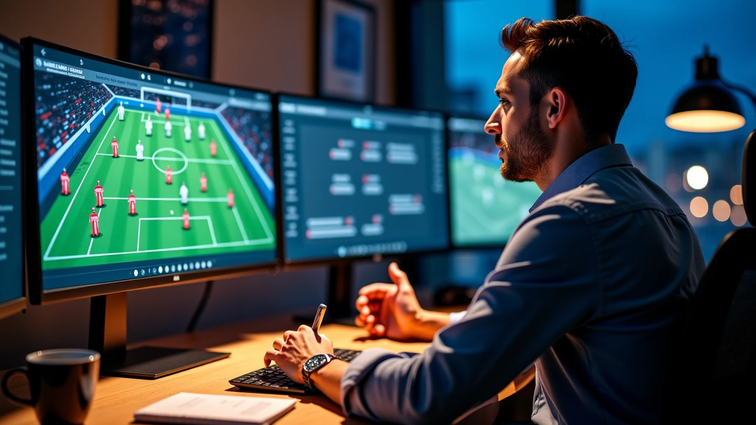 Sports analyst working late evening studying Bundesliga match statistics on multiple screens