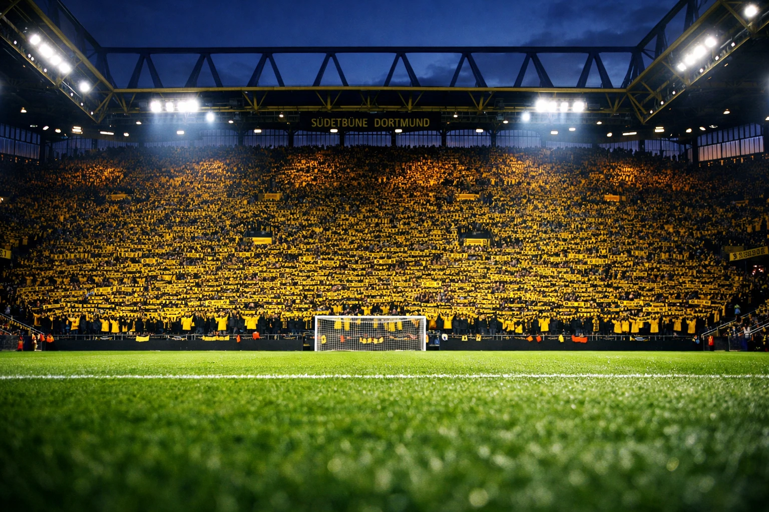 Signal Iduna Park Yellow Wall from pitch level with 25,000 Dortmund supporters in yellow and black