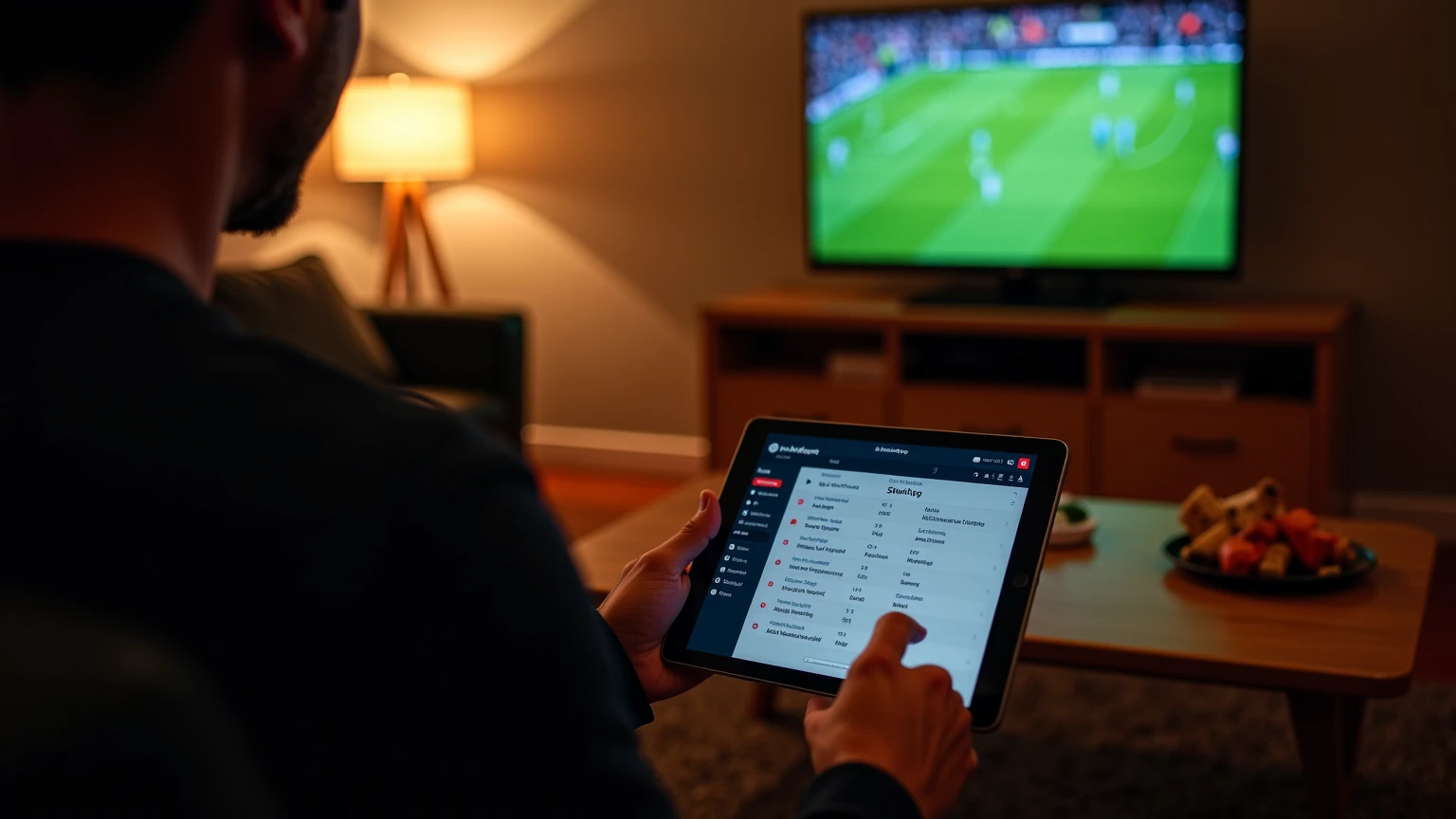 Person watching live Bundesliga match on TV while using tablet for live betting