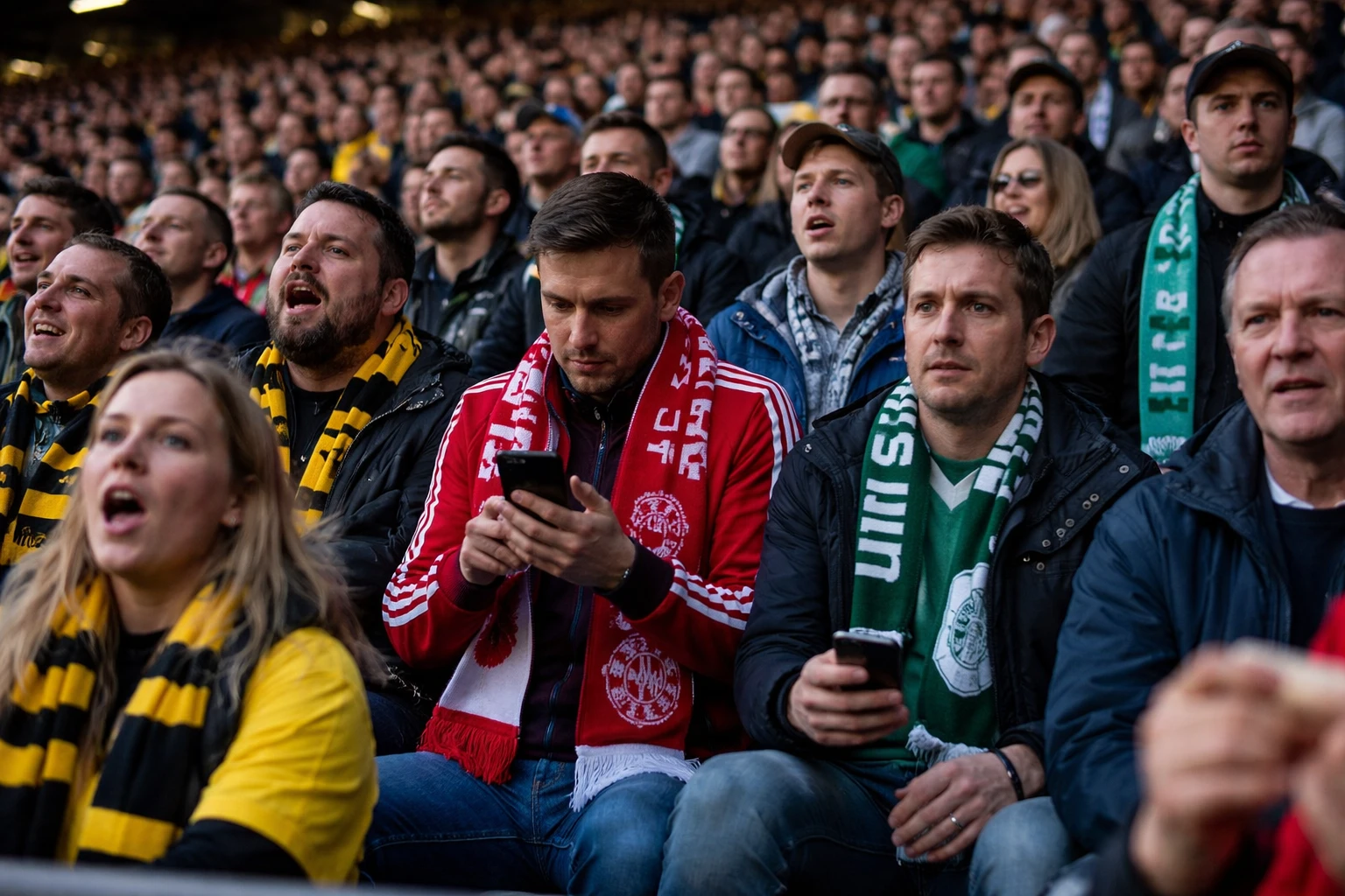 Diverse crowd of football supporters in Bundesliga stadium showing various emotions