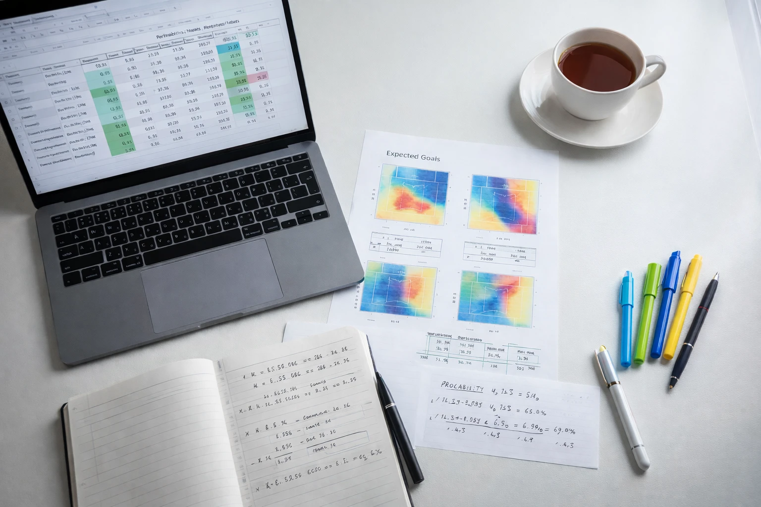 Workspace with laptop showing statistical model data and probability calculations for sports analytics